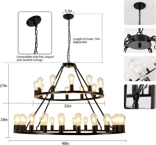 Vista 4 de Candelabro de rueda de carro, 2 niveles, 48 pulgadas, 36 luces, lámpara industrial de granja, lámpara colgante rústica negra, lámpara colgante