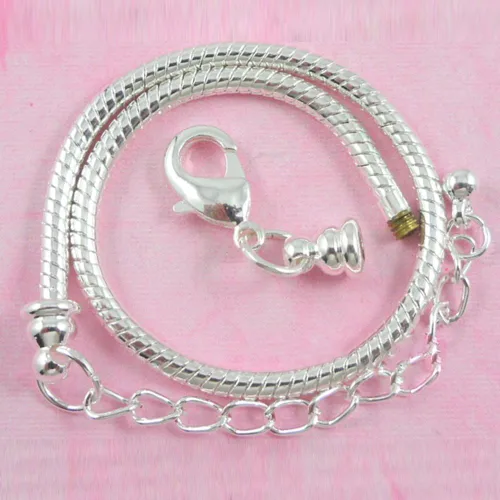 Vista 3 de RUBYCA 5 pulseras de cadena de serpiente de estilo europeo de langosta chapada en plata blanca para cuentas de 7.5 pulgadas
