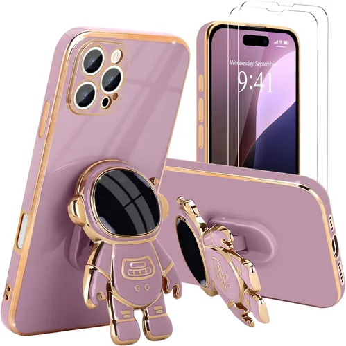 Vista 43 de Pepmune - Funda para iPhone 15 con soporte de astronauta 3D, color negro [2 Screen Protector], Luxury Electroplated Soft TPU Cover with Kickstand
