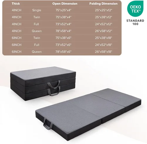 Vista 2 de Vamcheer Colchón Tri Plegable Tamaño Full – Colchón plegable de 6 pulgadas para viajes/RV/campamento/habitación de invitados/yoga, 73 x 52 x 6
