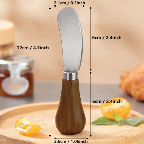 Vista 4 de Paquete de 2 cuchillos esparcidores de mantequilla de pie, cuchillos esparcidores de queso de acero inoxidable con mango de madera, cuchillos