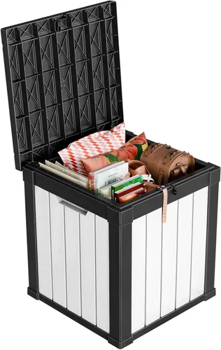 Vista 11 de Caja de resina de 30 galones para terraza, caja de almacenamiento para patio al aire libre con cierre para muebles, herramientas de jardín
