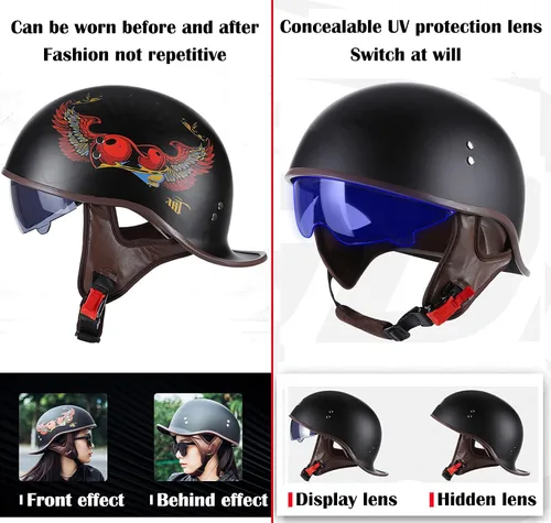Vista 4 de Hanhua Medio casco de motocicleta para adultos, hombres y mujeres, casco de calavera de cara abierta vintage, aprobado por DOT/ECE, AVT Cruiser