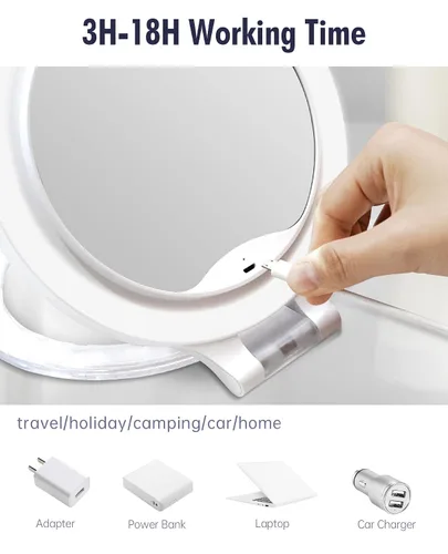 Vista 6 de FASCINATE Espejo de aumento de 10 x 1 x doble cara, espejo de tocador de maquillaje recargable con 3 modos de iluminación de color, rotación