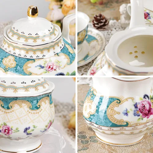 Vista 2 de fanquare Juego de té de porcelana europea de 21 piezas, tazas y platillos verde azulado para 6, juego de regalo de té azul para adultos