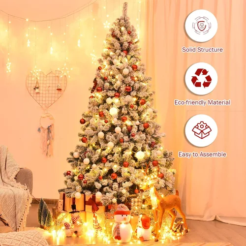 Vista 5 de GOFLAME Árbol de Navidad con bisagras flocadas de nieve de 7.5 pies, pino clásico realista con soporte plegable y flexible, hojas gruesas de PVC
