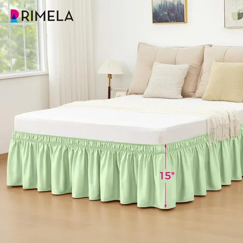 Vista 4 de Falda de cama RIMELA tamaño Queen color verde bebé con caída de 15 pulgadas, falda elástica envolvente, volante que protege contra el polvo