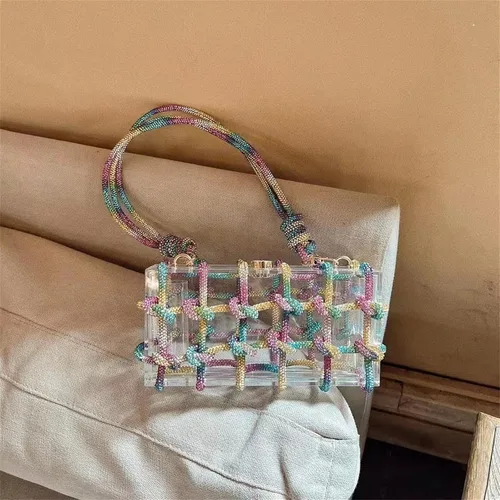 Vista 4 de Bolso de acrílico transparente con diamantes de imitación, bolso de mano de noche brillante, bolso anudado adornado con cristal para cóctel, fiesta