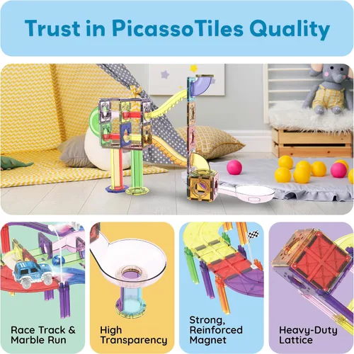 Vista 8 de PicassoTiles Juego de 121 azulejos magnéticos de pista de carreras de mármol 3 en 1, juego de construcción de carreras de automóviles, aprendizaje