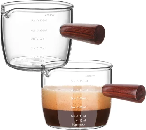 Vista 6 de BCnmviku Vaso de chupito de café expreso, 5.1 fl oz, 5 onzas, triple jarra barista con mango de madera (1)