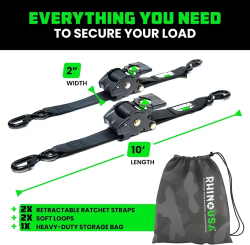 Vista 5 de Rhino USA Correas de carraca retráctiles (paquete de 2) - 2 pulgadas x 3 metros (1,376 kg de fuerza de rotura) - Correas de amarre auto-retractiles