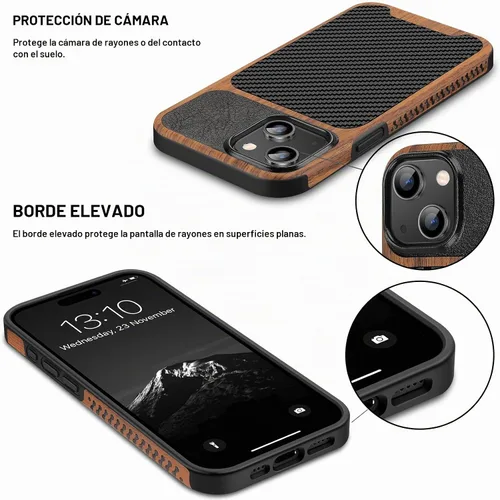 Vista 4 de TENDLIN Compatible con Funda para iPhone 15, Funda de Madera con Textura de Fibra de Carbono, Diseño Híbrido de Cuero Delgado (Negro)