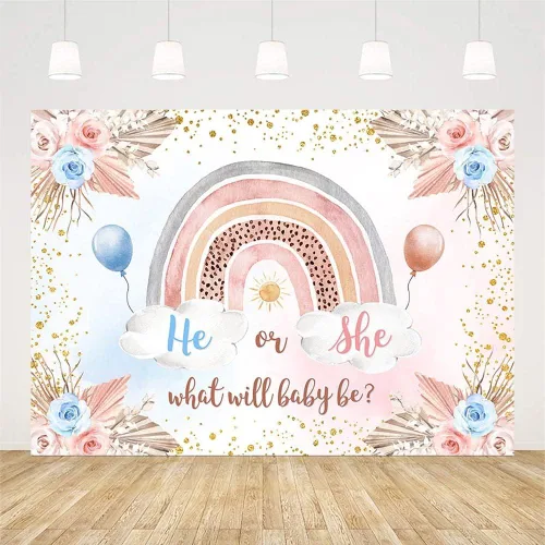 Vista 2 de Sendy Fondo bohemio de 7 x 5 pies para revelación de género, diseño de arco iris, decoración de fiesta de baby shower, anuncio de embarazo, pancarta