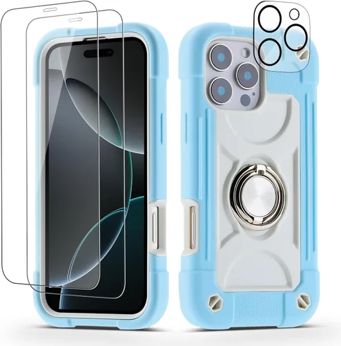 Vista 22 de Funda para iPhone 11 de 6.1 pulgadas con soporte de anillo, con 2 protectores de pantalla de vidrio, resistente a los golpes, resistente a