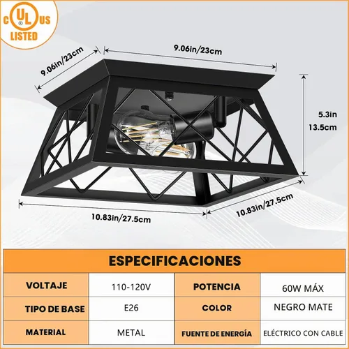 Vista 2 de FadimiKoo Lámpara de techo empotrada negra de 2 luces, lámpara de techo industrial para cocina de granja, lámpara de techo de jaula cuadrada