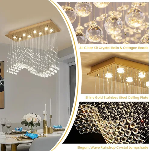 Vista 8 de Siljoy Candelabro de Cristal Rectangular Dorado para Comedor, 31.5'' Candelabro de Cristal Moderno con Gotas de Lluvia Onduladas, Lámpara Colgante
