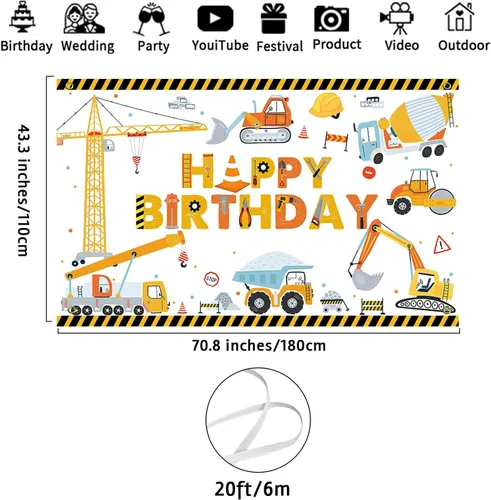 Vista 3 de Avezano Telón de fondo de cumpleaños de construcción amarillo, pancarta de feliz cumpleaños, decoración de cumpleaños de excavadora, 70.8 x 43.3