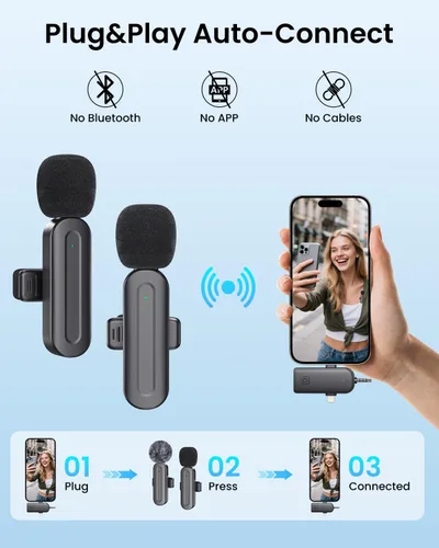 Vista 3 de Micrófono Lavalier inalámbrico 3 en 1 para iPhone: micrófono de solapa Bluetooth para iPad Android Phone Camera Pc - Micrófonos de clip pequeño