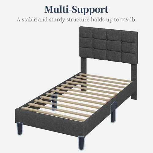 Vista 6 de Yaheetech Base de cama tapizada, moderna plataforma de cama individual con cabecera de costura cuadrada y botones, altura ajustable, soporte