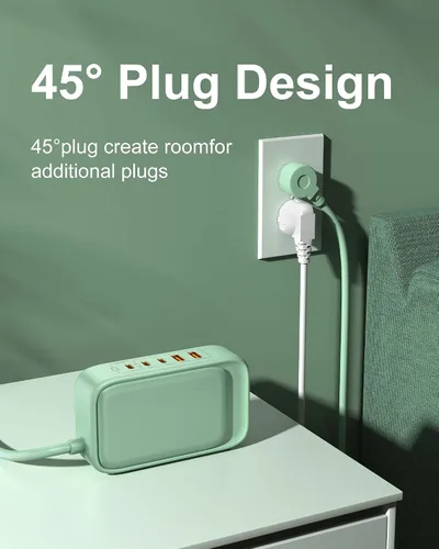 Vista 5 de Estación de carga USB de 5 pies con tomas, tira de alimentación de viaje USB C plana PD 20 W cargador con salidas de CA de 2500 W, 3 puertos USB-C