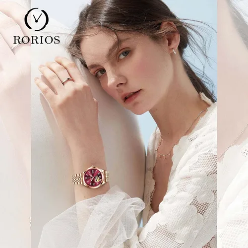 Vista 2 de RORIOS Reloj mecánico automático con correa de acero inoxidable, reloj luminoso de cuerda automática para mujer