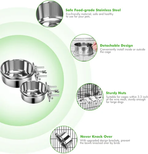 Vista 3 de 2 cuencos pequeños para comida y agua para perros con soporte de abrazadera mejorado, cuencos colgantes de acero inoxidable detectables para perros