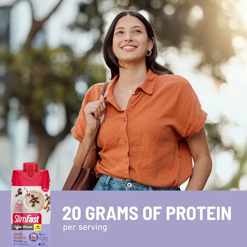 Vista 5 de SlimFast Batido de Proteína con Cafeína, Caramel Macchiato - 20g de Proteína, Batidos de Reemplazo de Comida, Alto en Proteína con Bajo