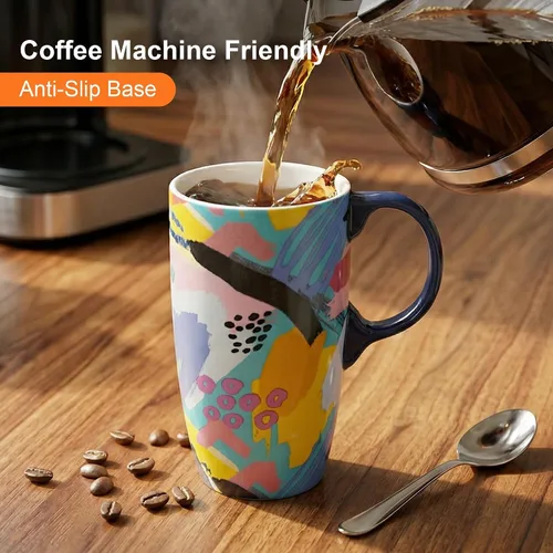 Vista 3 de Topadorn Tazas de cerámica de porcelana, taza de café con tapa y asa, taza de café, taza de té de café con tapa y asa, taza de café, 17 oz. Abstracto