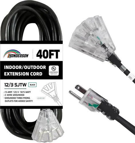 Vista 47 de Cable de extensión GFCI iluminado de 3 pies con 3 tomas de corriente, cable de extensión negro resistente SJTW 12/3 con enchufe a tierra de 3