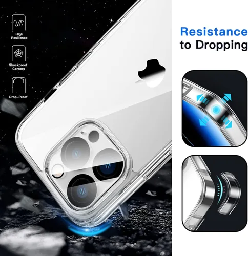 Vista 4 de JETech Funda 5 en 1 para iPhone 14 Pro Max, antiamarilleo, transparente 2 protectores de pantalla de vidrio templado, 2 protectores de lente