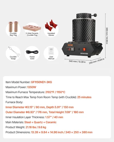 Vista 7 de VEVOR Horno de fusión de oro, 1350 W, 2102 ℉, horno de fusión eléctrico