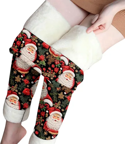 Vista 2 de Leggings de felpa y gruesos para mujer, estampado 3D, pantalones largos de Navidad de cintura alta, pantalones deportivos de cintura elástica