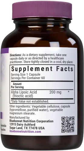 Vista 2 de Bluebonnet Ácido alfa lipoico de 200 mg – Potente suplemento antioxidante de apoyo nervioso – Para mujeres y hombres diario – Sin OMG, vegano