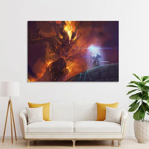 Vista 4 de Balrog Vs Gandalf - Póster de arte en lienzo con texto en inglés "Lord of the Ring" (El señor del anillo) y arte de pared, póster moderno