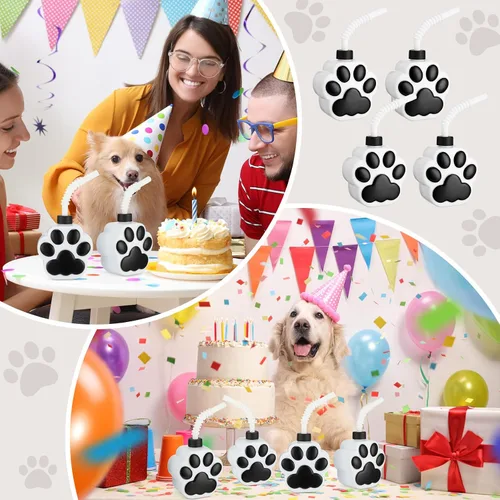 Vista 5 de Zubebe 12 tazas de patas de perro con pajitas y tapas a granel de plástico reutilizables de 10 onzas para perros, lindo estampado de patas
