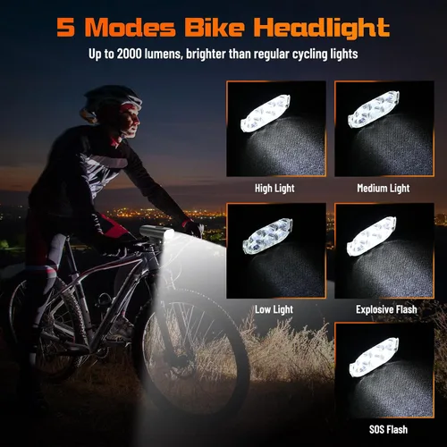 Vista 2 de Suruid - Luces brillantes para bicicleta de 2000 lúmenes, IPX 6 impermeables Recargable por USB, 6 LED, montaje ajustable, para todas las Negro