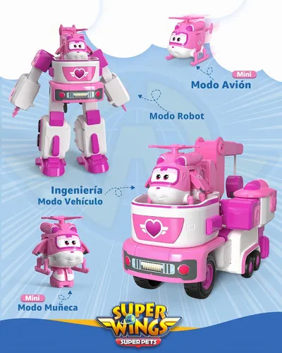 Vista 2 de Super Wings - Remolque de rescate de Dizzy's de 7 pies con mini figura rosa de Transform-a-Bot de 2 pies, juego de vehículos de juguete de avión