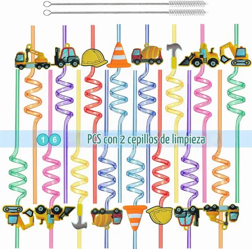 Vista 5 de Suministros reutilizables para fiesta de cumpleaños con tema de construcción - 16 piezas de pajitas de plástico para beber con temática