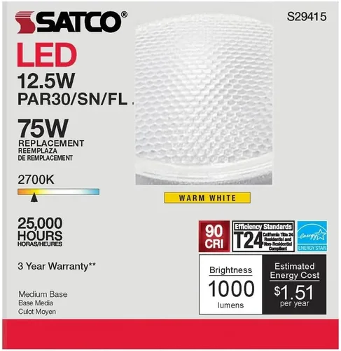 Vista 7 de Satco S29415 12.5 vatios; LED PAR30SN; 2700 K; 6 bombillas LED, cumple con California