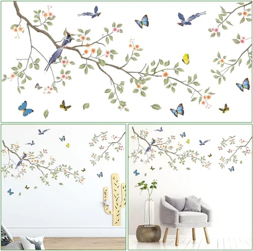 Vista 3 de Calcomanías de pared de ramas de hojas verdes, calcomanías de pared de flores blancas, calcomanías de pared extraíbles para bricolaje, mariposas