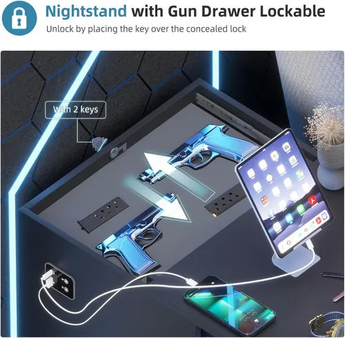 Vista 3 de 2 Set LED Nightstand with Charger Station & Gun Drawer & Auto Sensor, Black Negro juego de 2