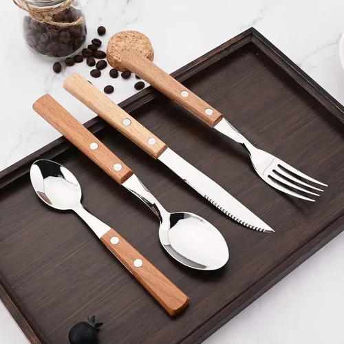 Vista 5 de Juego de cubiertos de madera de acero inoxidable 304 con mango ancho, juego de cubiertos de madera duradera, utensilios reutilizables, espejo