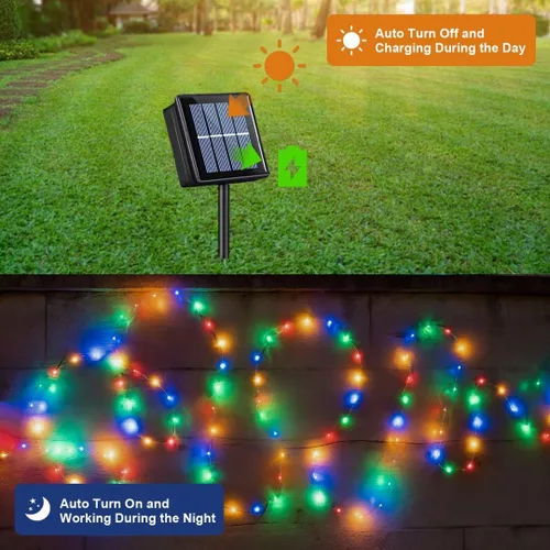 Vista 2 de QITONG Luces solares de Navidad multicolor para exteriores, paquete de 2 unidades de 200 luces LED solares de 66 pies cada uno, alambre plateado