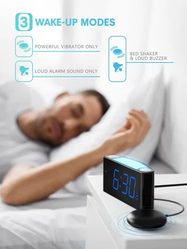 Vista 3 de ROCAM Reloj despertador extra fuerte con agitador de cama, reloj despertador vibratorio para personas que duermen con problemas auditivos sordos