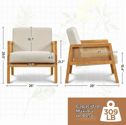 Vista 3 de Yaheetech Silla decorativa, sillón moderno de ratán, cómoda silla de lino con patas de madera para sala de estar, dormitorio, sala de lectura Beige
