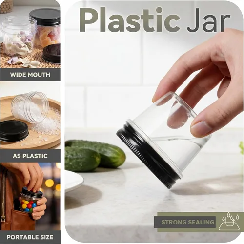Vista 5 de novelinks Tarros de plástico transparente de 4 onzas con tapas negras, pequeños recipientes redondos reutilizables para alimentos, especias