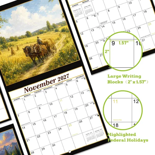 Vista 4 de Calendario 2027 – Calendario de pared 2027, enero de 2027 a diciembre de 2027, 12 x 24 pulgadas (abierto), calendario de 12 meses con fases lunares