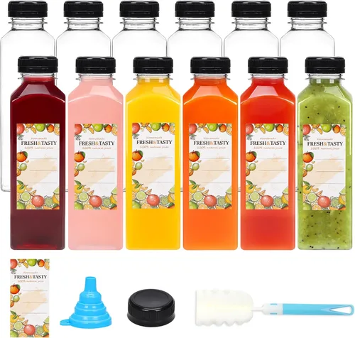 Vista 25 de TOMNK 12 botellas de plástico de 2 onzas con tapas, recipientes reutilizables transparentes a granel para bebidas de jengibre shot, jugo, leche