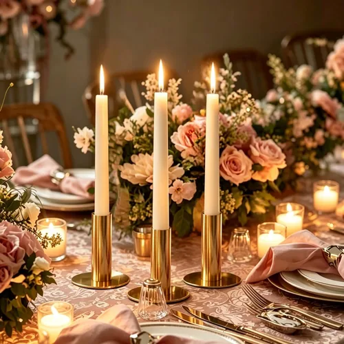 Vista 6 de Paquete de 4 portavelas cónicos dorados, portavelas de metal resistente para centro de mesa de boda, soporte rústico para mesa de comedor, mantel