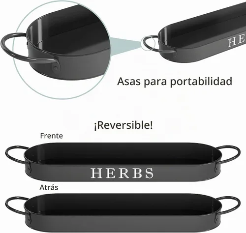 Vista 7 de Barnyard Designs - Juego de macetas para jardín de hierbas de interior con bandeja, macetas de metal para alféizar con drenaje para plantas de Negro